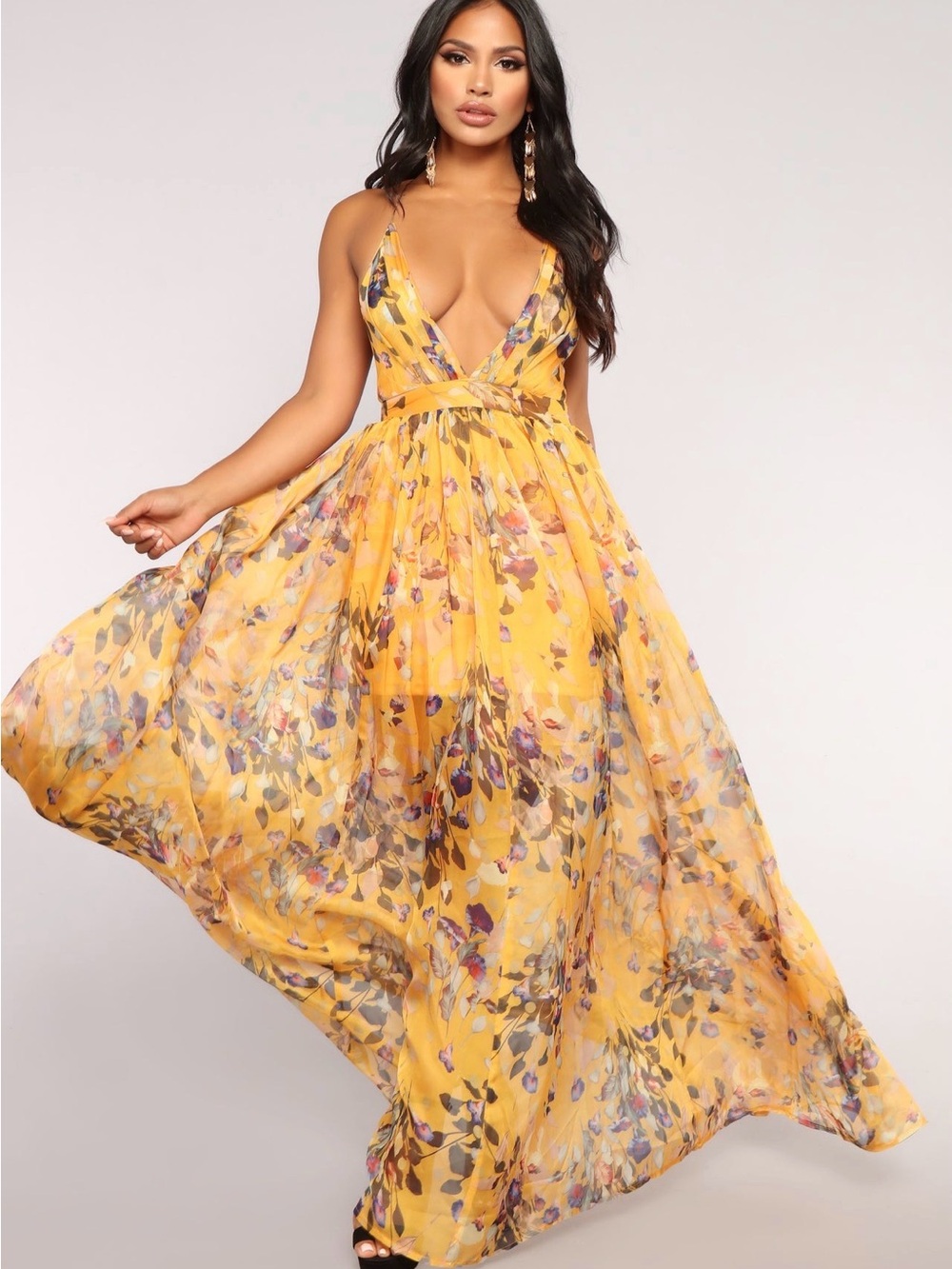 Fashion Nova Yellow Floral Plunge Maxi Dress